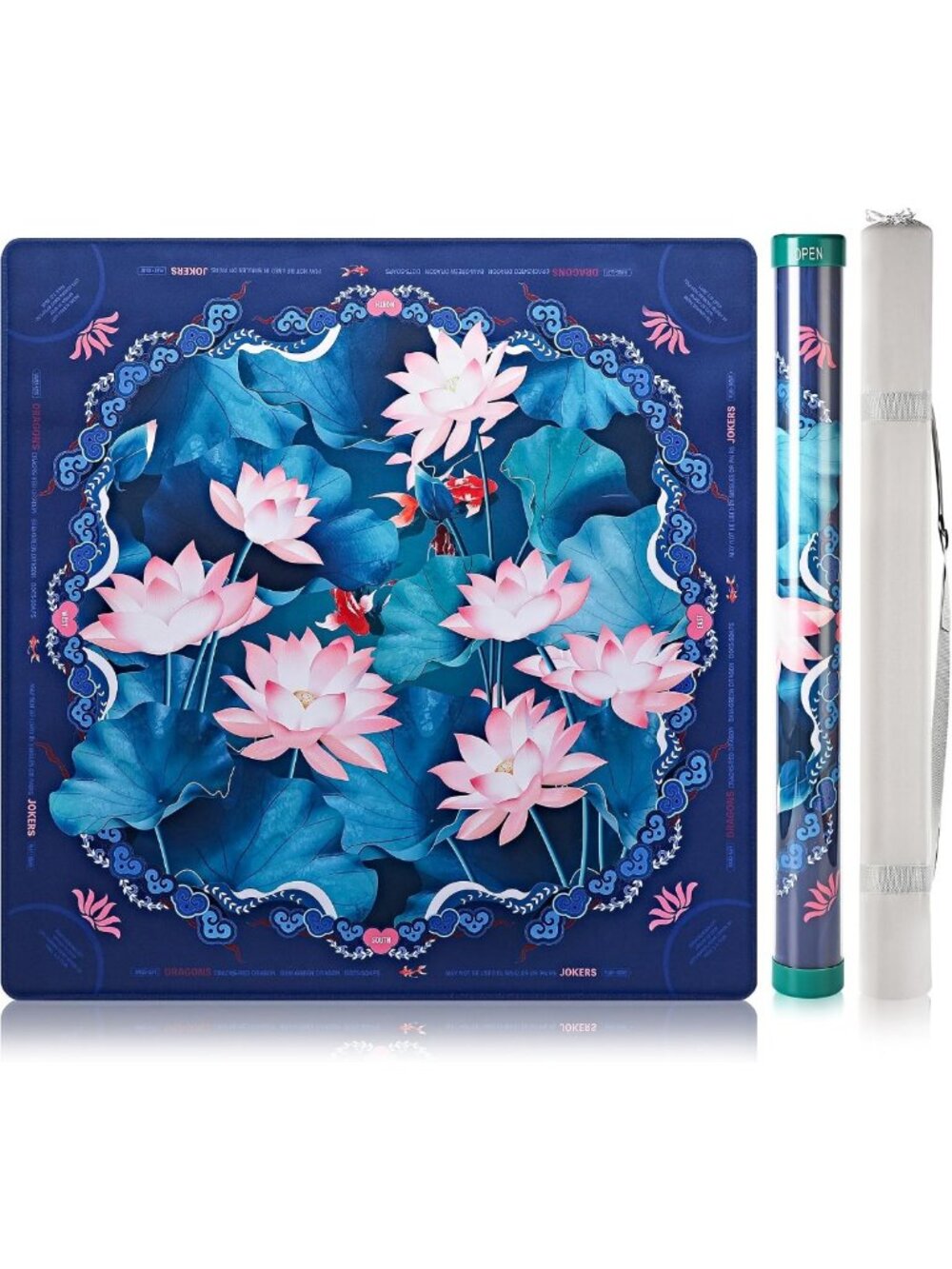 Navy Blue Lotus Mahjong Mat, 33x33 Inch, 3mm Thick, Portable & Durable